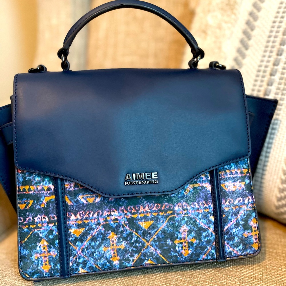 Aimee Kestenburg Marcel Navy and Tapestry leather tote EUC